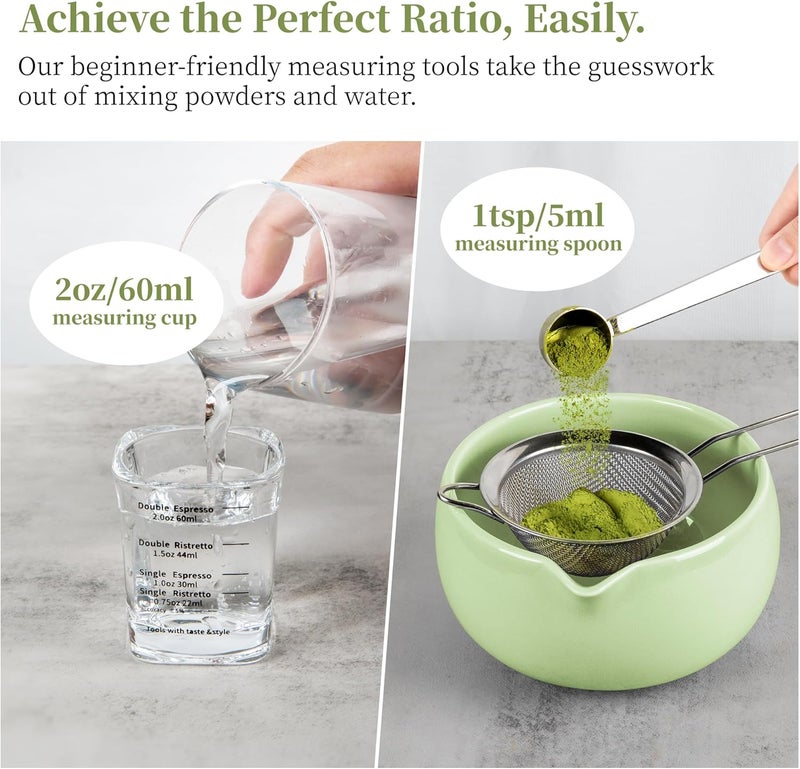 YIBO Matcha Whisk Set, Matcha Kit Bamboo Whisk and Ceramic Bowl with Spout & Measuring Spoon & Cup, Japanese Ceremony Matcha Tea Making Tools Green - Image 4